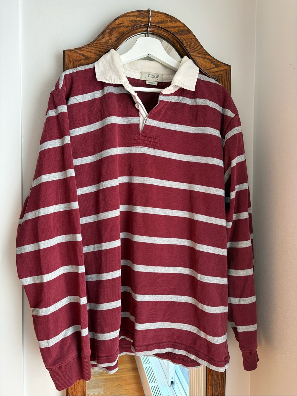 J. Crew Vintage Burgundy and Light Grey Striped Rugby Style Long Sleeve Sweater